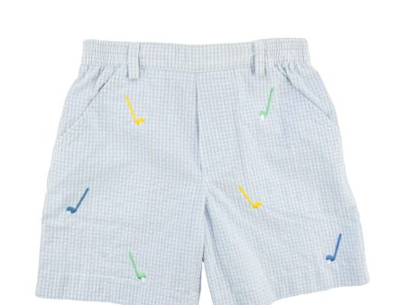 Check Seersucker Short w Embroidered Golf Clubs Discount